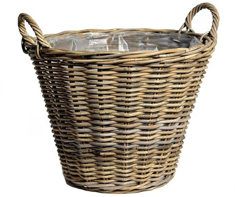 Spetebo Cesto per piante in rattan naturale con manici – 34 cm – cesto per fiori in vimini con pellicola – decorazione da giardino cestino in vimini intrecciato