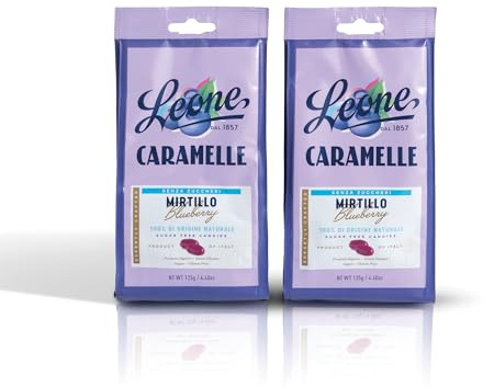 Leone dal 1857 - Caramelle Senza Zucchero Mirtillo - Gusto Mirtillo Senza Glutine e Vegane - 2 Sacchetti Caramelle Dure da 125g (2 x 125g)