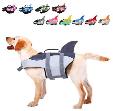 Giubbotti Di Salvataggio Per Cani Giubbotto Squalo Salvagente Per Animali Domestici Salvagente Gilet con Manico e Riflettente Per Cani Piccoli, Medi e Grandi, Taglia Regolabile Grigio M