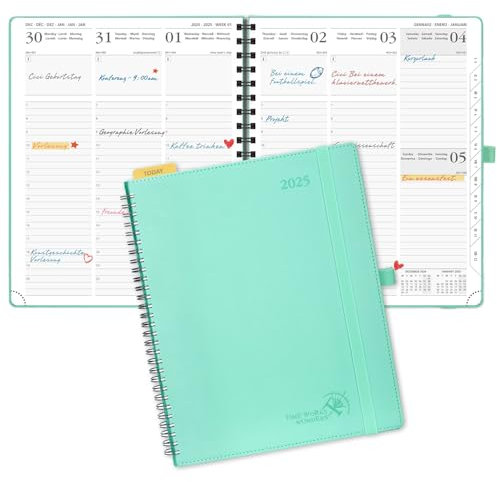 POPRUN Kalender 2025 Wochenplaner Ringbuch mit Softcover, ca. A4 (26,5 x 21,5 cm), 12-Monate-Terminplaner (Jan.2025-Dez.2025) 1 Woche 2 Seite mit 100 GSM Zertifiziertem Papier - Mintgrün