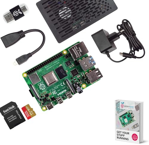 Raspberry Pi 4 Model B, 4GB Basic Kit mit BerryBase Acrylgehäuse, USB-C Netzteil, SanDisk 32GB Speicherkarte, Micro HDMI Adapter und Kartenleser – leistungsstarker Quad-Core Mini-PC