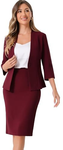 Allegra K Business Skirt Suit Set for Women's 2 Piece Office Work Outfit Collarless Blazer Pencil Skirt Dark Red L