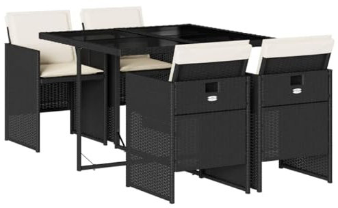vidaXL Garten Essgruppe 5-TLG., Gartenmöbel Set mit Kissen, Gartengarnitur Tisch 4 Stühle, Lounge Sitzgruppe Sitzgarnitur, Schwarz Poly Rattan