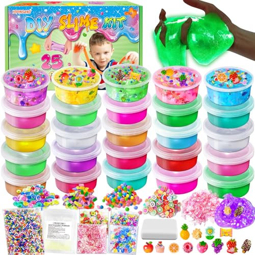 25 colori fai da te Slime Kit Slime Making per ragazze, Crystal Clear Slime, Glow in The Dark Slime con sfere di schiuma aggiuntive, charms, glitter, giocattolo regalo per bambini