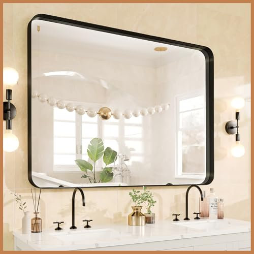 Elegantsy Espejo de baño de 48 x 36 pulgadas, espejo de tocador con marco de metal negro, espejo de pared de lujo, espejos de baño modernos para sobre el fregadero, espejos decorativos para pared