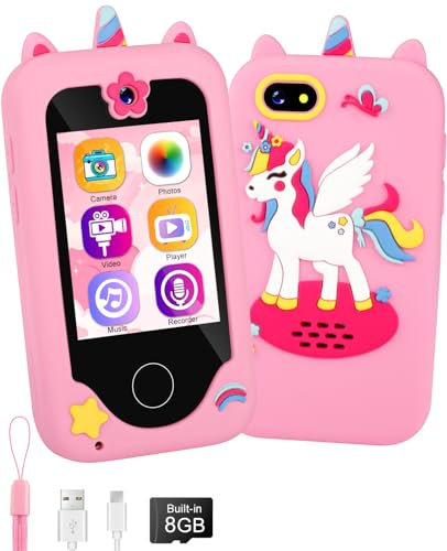 Kids Smart Phone with Phone Case, Unicorns Christmas Birthday Gifts for Girls, MP3 Music Player with Dual Camera, Kids Toy Phone Learning Toys for 3 4 5 6 7 8 Year Old Girl Built-in SD Card
