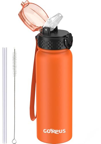 GOPPUS 600ml/20oz Stainless Water Bottle with Straw Double Wall Insulated Bottles with Strap Reusable Vacuum Thermal Flask Leakproof Keep Cold Drinks Bottles with Flip Top Lid for Men Women BPA Free