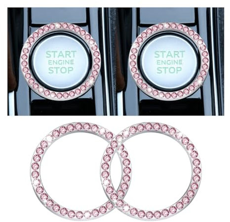 CGEAMDY 2 Stück Auto Motor Start Stop Button Ring, Universal Auto Kristall Strass Motor Starter Dekoration Ring, Auto Startknopf Dekorationsring Autoinnenraum (Einreihig/Rosa)