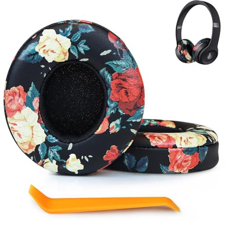 SINOWO Earpads Replacement for Beats Solo 2 & Solo 3 Wireless On-Ear Headphones,Solo2 Solo3 Ear Pads Cushions with Noise Isolation Memory Foam,Soft Protein Leather(Black Flower)
