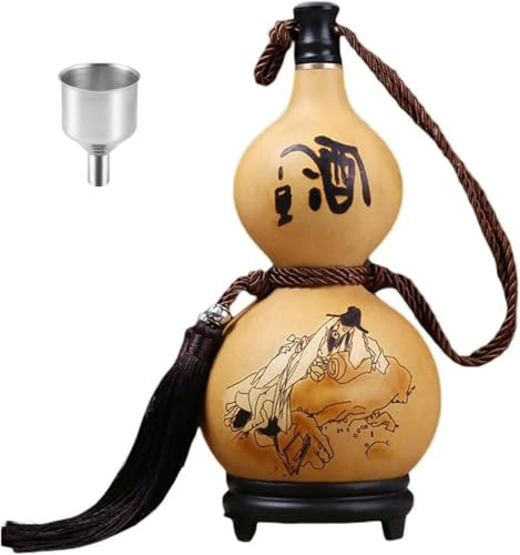 Bouteille D'eau En Calebasse Séchée Naturelle - Motif Vieil Homme Ivre - Flacon Décoratif Anti-fuite Fabriqué À La Main For Liqueurs/vins, Extérieur, [Classe Énergétique A](250ml)