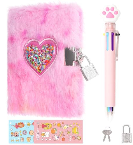 PrinBarBee MINI Heart Diary for Girls with Lock and Keys, 4.7x6.1in Cute Plush Diary Secret Diary, Writing Journal Lined Pages Notebook Sequined Design Birthday Gift Set for Kids ages 6-8