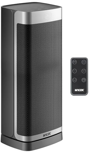 Mylek Electric Fan Heater 2000W, Ceramic Portable Silent Space Energy Efficient Heaters Upright, Cool Mode, Home, Bedroom, Office, Remote Control, Digital, Safety Tip Over (2KW Silver and Black)