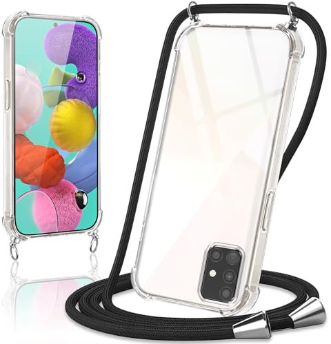 Coiwxmoi Handykette Handyhülle für Samsung Galaxy A51 4G / M40S Hülle mit Band 6.5,Transparent Case mit Kette Abnehmbar zum Umhängen Kordel Schutzhülle,Weich Silikon TPU Stoßfest Cover,Schwarz