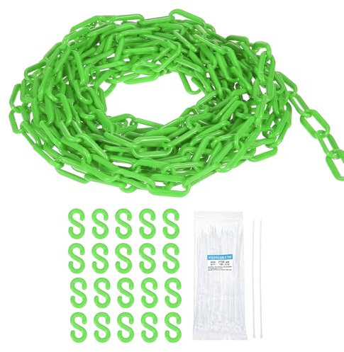sourcing map Plastic Chain 100 FT/30.5 M, Safety Chain Green Plastic Chain Link Barrier with Zip Ties and S-Hooks for Crowd Control Queue Line Fence Decoration