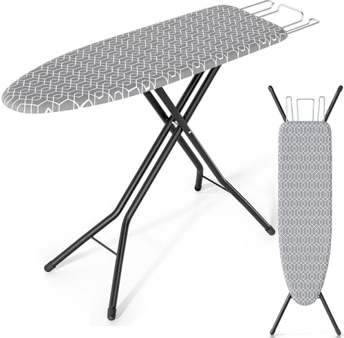 KINGBOARD Foldable Ironing Board Full Size, Iron and Ironing Board Set Standard Size, Iron Boards with Ironrest & Adjustable Height,Heavy Duty Iron Table Stand with Metal Legs &Thick Cover,43x13 Gray