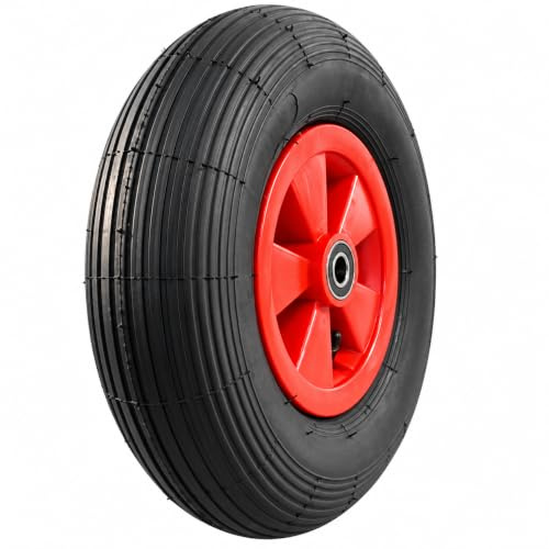 HERO Schubkarrenrad 4.80/4.00-8 4PR Schubkarrenreifen mit Universal Achse 20 mm – Luftbereiftes Ersatzrad Ø 380 mm, Kunststofffelge Rot, Doppelrollenlager, 95 kg Traglast – für Schubkarre Sackkarre