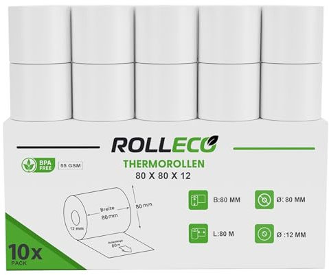 Thermorollen 55gsm 80 x 80m x 12mm Bonrollen/Kassenrollen Bpa frei für alle gängigen Thermo Kassen-Bondrucker B: 80mm x L: 80m Ø80mm (10)