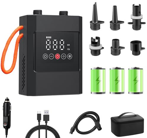HUAJUN Sup Pompe à Air Électrique Gonflable, 12000 mAh, Rechargeable, Portable, Gonflage/Dégonflage avec 6 Buses et Câble de Charge Allume-Cigare pour Pulp Boards, Kayaks, Matelas
