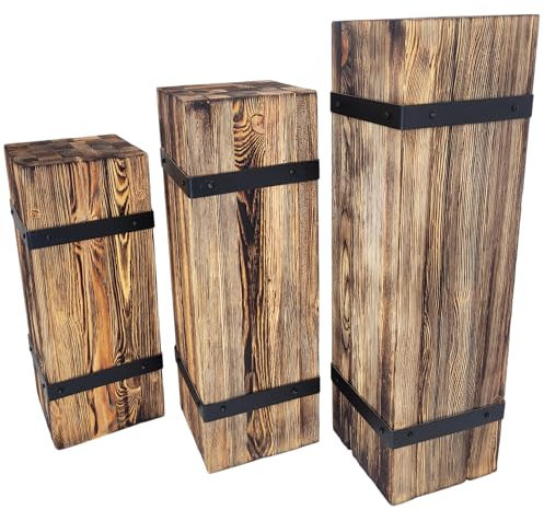 weeco Dekorative Holzsäule Set 3-tlg. – rustikale Sockel, Pflanzenständer und Dekosäulen, massives Kiefernholz, flammenbehandelt, mit Metallringen, 70 cm, 60 cm, 50 cm, 25x25 cm
