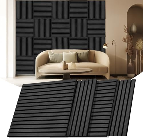 Akustik-Holzpaneele für Wand, 60 x 60 cm, schallabsorbierende Platte, Holzlamellen, Akustikplatten für Wand und Decke, schwarze Eiche, 4 Stück