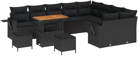 vidaXL 12-teiliges Garten-Sofa-Set mit Kissen, schwarz, aus Poly-Rattan und Akazienholz – stylische Sitzmöbel für Balkon und Garten. Bequem, langlebig, 8-Sitzer, für Terrasse und Sommer-Lounge.