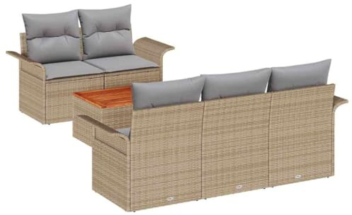 vidaXL 6-teiliges Garten-Sofa-Set mit Kissen, beige, aus Poly Rattan und Akazie. Perfekt für den Außenbereich. Modularmöbel für Terrasse und Balkon. Ideal zum Chillen im Garten.