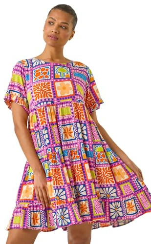 Roman Smock Dress for Women UK Ladies Swing A Line Tiered Pocket Slouch Summer Spring Everyday Evening Work Holiday Short Sleeve Smart Casual Beach Lightweight Shift - Pink - Size 10