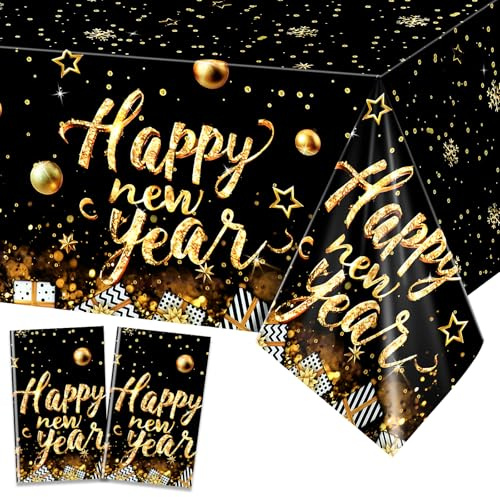 PHOGARY 2026 Silvester Deko Tischdecken, Neujahr Silvesterdeko für Happy New Year 2026 Tischdekorationen, Silvester Tischdeko, Deko Schwarz Gold Tischdecken, New Years Eve Decoration,2pcs