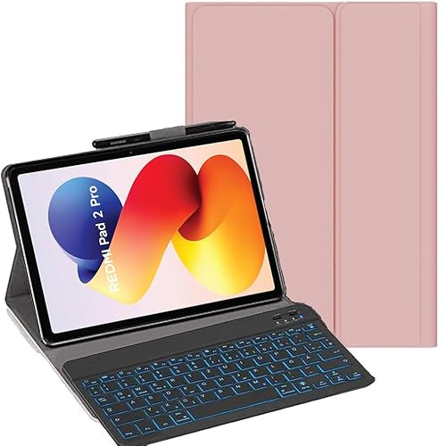 YHFZR Funda con teclado para Xiaomi Redmi Pad 2 Pro de 12,1 pulgadas, [QWERTZ alemán] funda ultradelgada con iluminación de 7 colores teclado inalámbrico con funda protectora, rosa