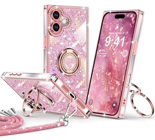 XYZ Luxus Glitzer Hülle für iPhone 17 mit Band & Herz Ringhalter – Bling Strass Diamant Handyhülle mit Ständer – Stoßfeste Schutzhülle für Damen & Mädchen, Rosa