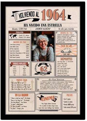 1964 / Con 5 campos Personalizables / Tarjeta Regalo Cumpleaños / 62 Aniversario / Año de Nacimiento / Cartel Decoración Fiesta / Felicitación 62 años Hombre o Mujer / Regalo Original y Especial