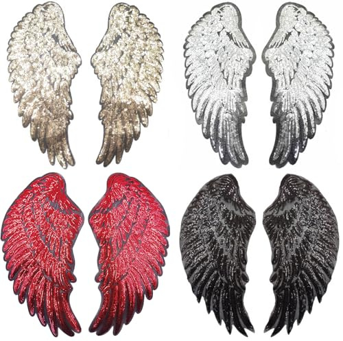 Blausky 4 Paar Pailletten Aufnäher,Engelsflügel Applikation zum Aufbügeln oder Aufnähen,Glitzer Flügel Patches Bügelbild Stickerei Flügel Patch 33x15cm für Kleidung Taschen DIY Projekte,