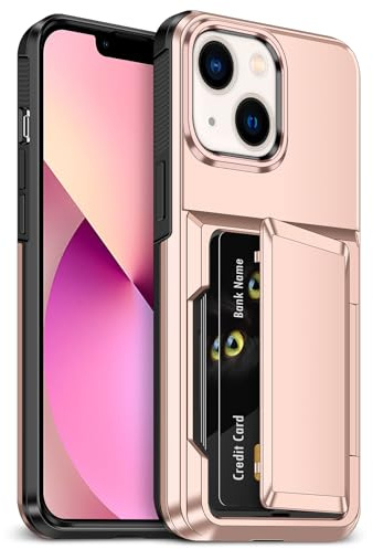 Aolcev Wallet Case for iPhone 13 Case with Card Holder (4 Card) Rose Gold | Heavy Duty Shockproof Protection,Dual Layer Hard PC Soft TPU Bumper, Hidden Card Slot Wallet Cover for iPhone 11 Phone Case