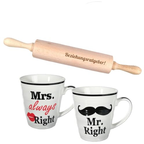 3-teiliges Geschenk zur Hochzeit 'Mr & Mrs' Tassen und Teigroller mit Spruch zum auswählen/Präsent/Hochzeitsgeschenk/Tassen (Beziehungsratgeber)