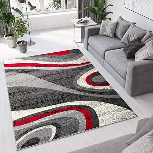 TAPISO Dream Teppich Wohnzimmer Kurzflor Modern Grau Rot Creme Wellen Streifen Meliert Verwischt Schlafzimmer Esszimmer ÖKOTEX 150 x 300 cm