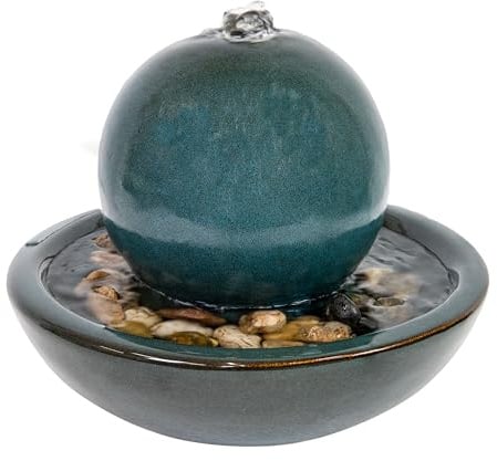 Sunnydaze Tabletop Ceramic Tabletop Fountain with Orb - Relaxing Indoor Fountain for Meditation - for Office, Bedroom, or Living Room - Teal