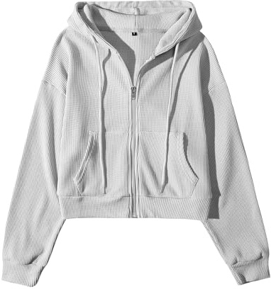 Yimoon Cropped Hoodie Women Zip Up Crop Hoodie Waffle Knit Sweatshirt Jackets(Grey-M)