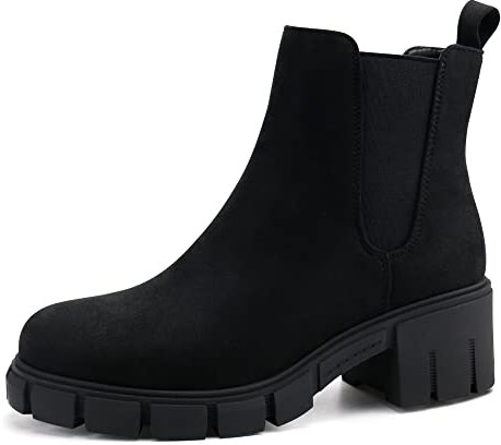 JABASIC Chelsea Boots für Damen Elastische Plateau-Stiefel zum Hineinschlüpfen (39,Wildleder-Schwarz)