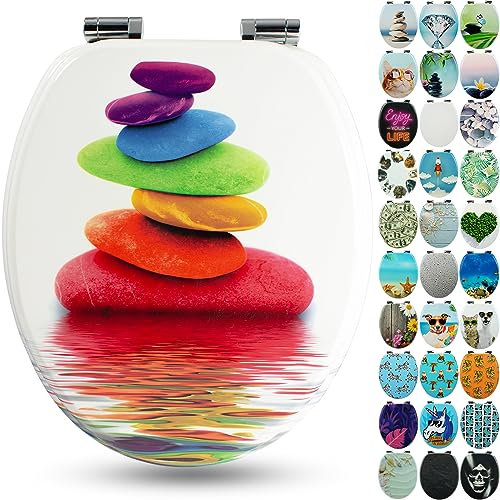 SANFINO® Premium WC Sitz mit Absenkautomatik – hochwertige Toilettendeckel aus Holz, viele bunte Motive, hoher Sitzkomfort, einfache Montage inklusive Montageanleitung – Rainbow Stone