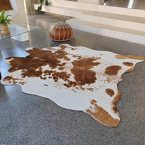 rugoo Premium Braun Rindsleder Teppich 2,0 m x 2,6 m Kunstleder Teppich Kuh Print Teppich Faux Tierhaut Teppich für Wohnzimmer Schlafzimmer Kinderzimmer Western Dekor