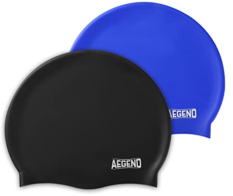Aegend 2 Pack Kids Swim Cap for Girls Boys Age 8-15, Waterproof Swim Cap Durable Silicone Kids Swimming Cap for Long Hair, Black & Blue