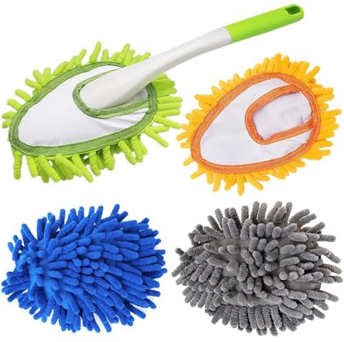 Microfiber Duster for Cleaning, Hand Washable Dusters with 4 pcs Replaceable Microfiber Head,Wet and Dry Use, Detachable Cleaning Supplies for Office, Car, Window, Furniture, Wall