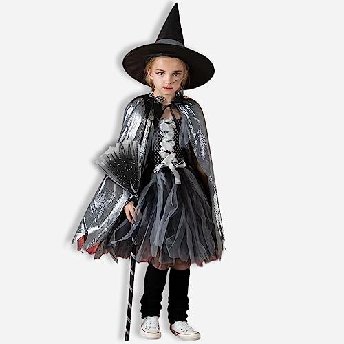 ENSTAB Pack of 3 Halloween Children's Costume Cape + Hat + Magic Broom Witch Costume Children for Fancy Dress Halloween Carnival Girls