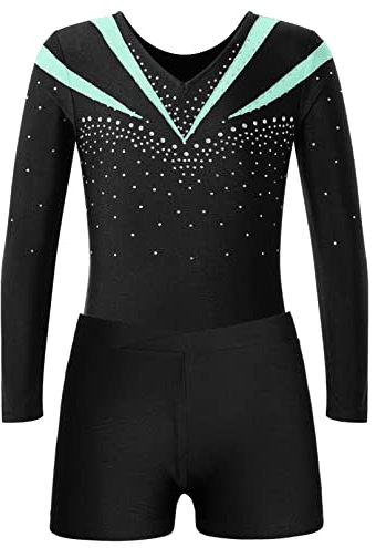 Jugaoge Mädchen Turnanzug Strasssteine Gymnastikanzug Langarm Trikotanzug mit Bein Sport Yoga Fitness Training Shorts Kurze Hose Tanz Kleidung Set Hellgrün 146-152