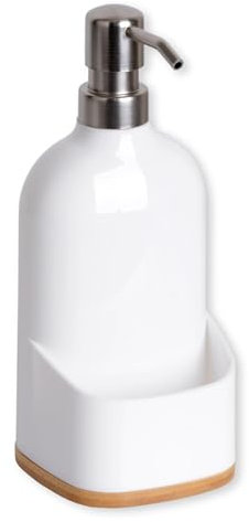 KOOK TIME Dispensador Jabón Cocina, Blanco - Jabonera Cocina de plástico con Base de bambú - Organizador de Estropajo para Fregadero, Apto para Cocina o Baño, Dosificador de jabon