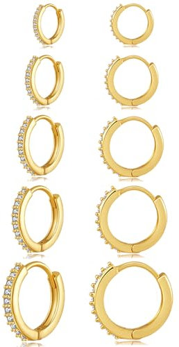 Senteria 5 Paar Kleine Goldene Creolen für Damen 14 Karat Vergoldete Creolen Hypoallergene Zirkonia Huggie Creolen Knorpel Schläfer Kleine Gold Creolen für Damen Herren 8/10/12/14/16 mm