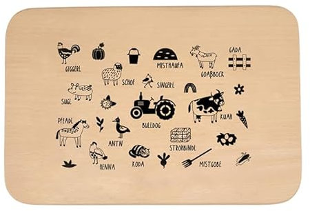 WOIDKINDⓒ Brotzeitbrett mit bayerischen Bauernhof Motiven, Traktor, Kuh, Bulldog, Buchenholz, Einbrand, Icons, Frühstück, Geschenk, Geburtstag, Dialekt
