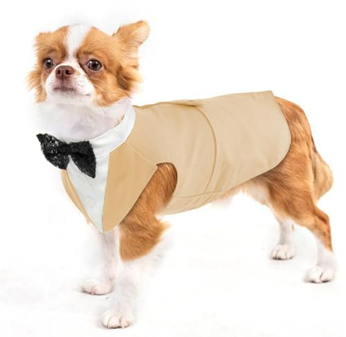 Hund Smoking, Anzug und Bandana Set Haustier Mantel Formale Hochzeit Party Kleidung Welpe Hochzeit Fliege Krawatte Hemd Verstellbar für Hochzeit Geburtstag Halloween Weihnachten(Champagner, S)