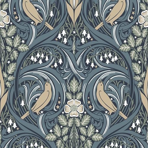 Galerie Arts and Crafts Dark Blue/Beige Bird Scroll Wallpaper Roll