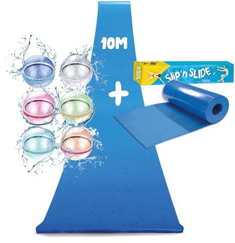 Wasserrutschmatte Riesen Pack XXL | 1 Rutschmatte 10 Meter + 6 Wiederaufladbare Wasserbomben aus Silikon | Slip'n Slide | Outdoor-Wasserspiel Ungewöhnlich und 100% Fun | OriginalCorner®